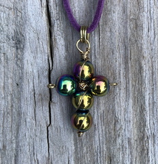 Small Brass Rainbow Hematite Cross Pendant