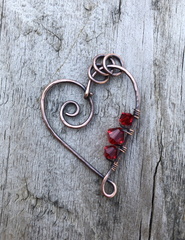 Red Beaded Copper Swirl Heart Pendant