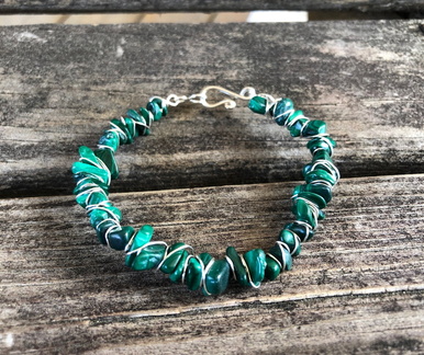 Silver Malachite Wrapped Gemstone Chip Bracelet