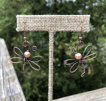 Copper Bronze Pearl Dragonfly Earrings