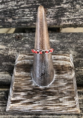 Tiny Cherry Red Beaded Silver Adjustable Braided Ring