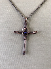Purple Beaded Copper Curly Cross Necklace