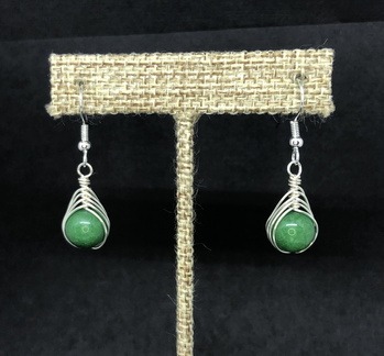 Green Quartzite and Silver Half Herringbone Weave Earrings