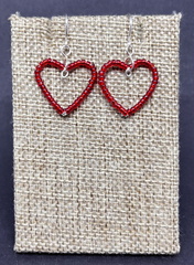 Red and Silver Beaded Heart Earrings