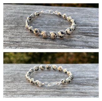 Dalmatian Stone and Silver Herringbone Weave Bracelet