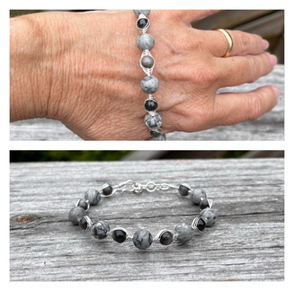 Gray Jasper and Obsidian Herringbone Weave Bracelet
